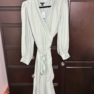 Ann Taylor Mint Wrap Maxi Dress with Long Puff Sleeves